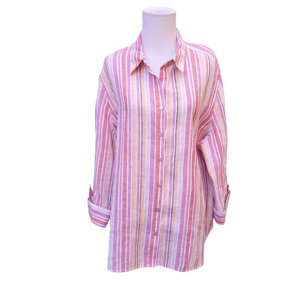 Chico's Sz 3 Linen Pink Orange White Stripe Button Down Blouse Top Chicos XL 16
